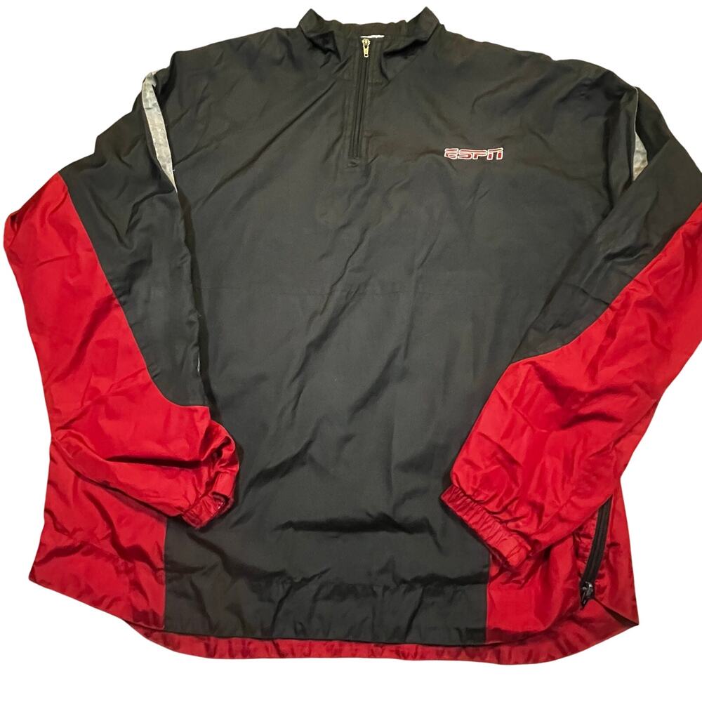 Vintage ESPN Sport‎ Center 1/4 Zip Pullover Jacket Men 2XL Black Red Windbreaker